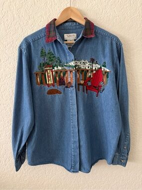 VNT Talbots Blue Denim Button-Down Shirt with Lodge Embroidery and Plaid Collar